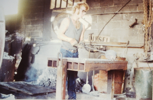 John Burrows ladling at Glucina foundry 1970s.